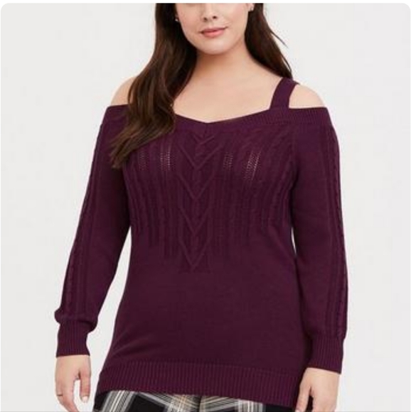 SOLD Burgundy Purple Cable Knit Open Shoulder Tunic - Picture 4 of 10